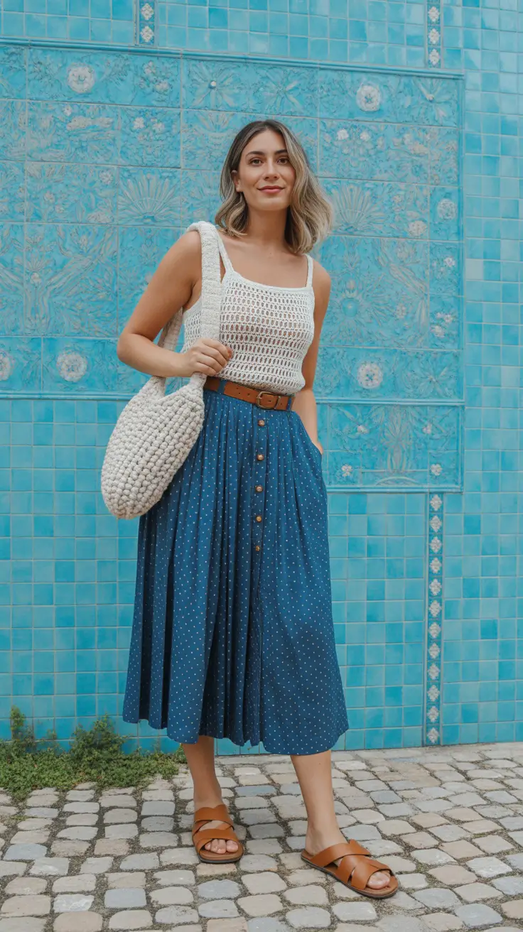 summer outfits with sandals for women 2026 Crochet Texture And Flowing Midi Skirt Relaxed Artisan Style