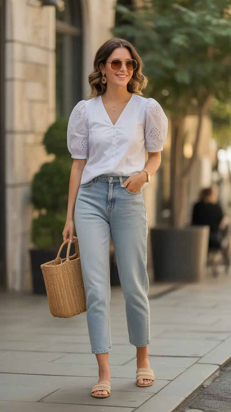 summer outfits with sandals for women 2026 Effortless White Blouses And Straight Jeans With Neutral Sandals