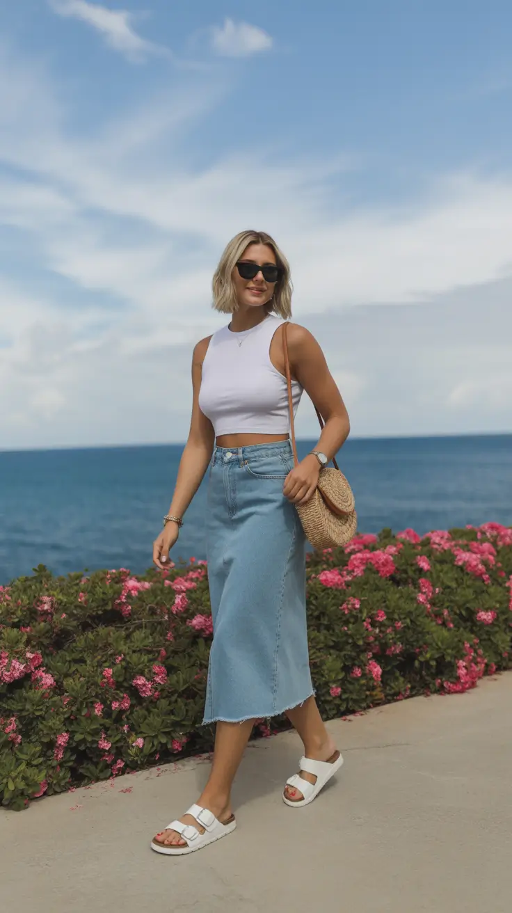 summer outfits with sandals for women 2026 Denim Midi Skirts And Clean White Slide Sandals
