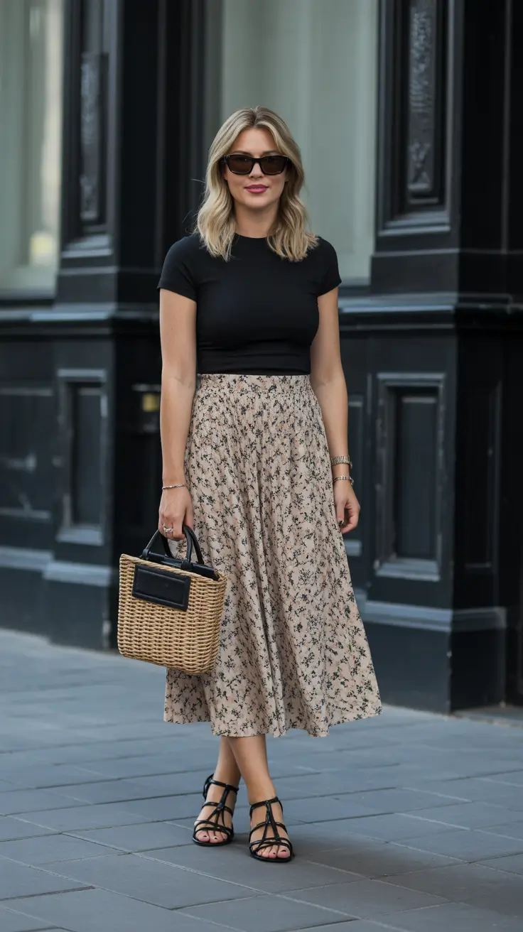 summer outfits with sandals for women 2026 Soft Midi Skirt And Black Tee City Chic