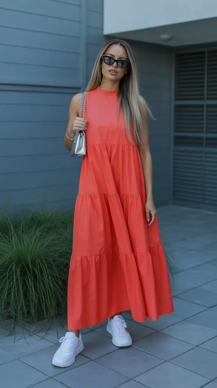 summer outfits with sneakers for women 2026 Statement Red Maxi Dress With Sneakers Contrast