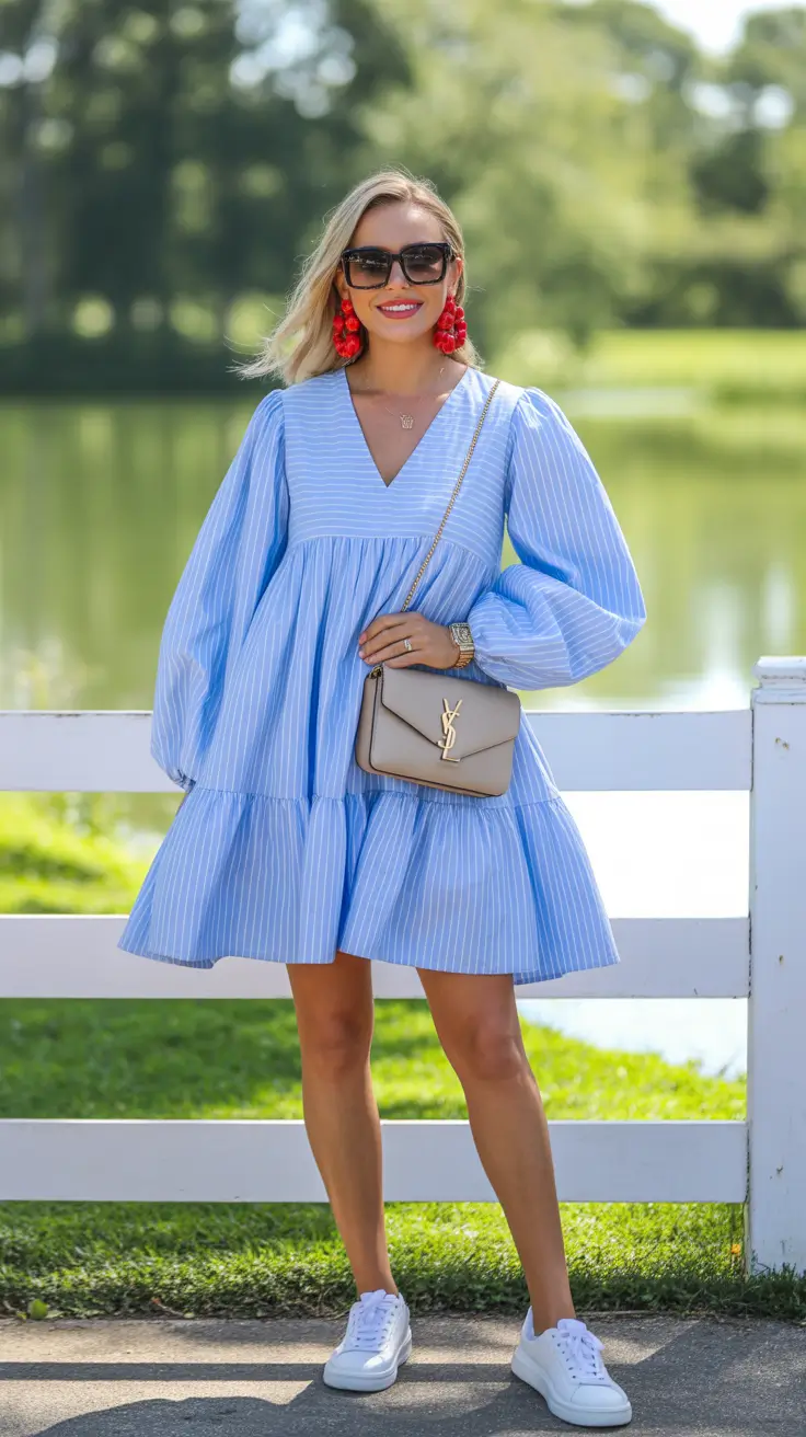 summer outfits with sneakers for women 2026 Playful Volume Dresses With Fresh White Sneakers Energy