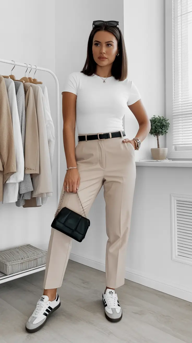 summer outfits with sneakers for women 2026 Minimal Beige Trousers And White Tee Smart Casual Balance