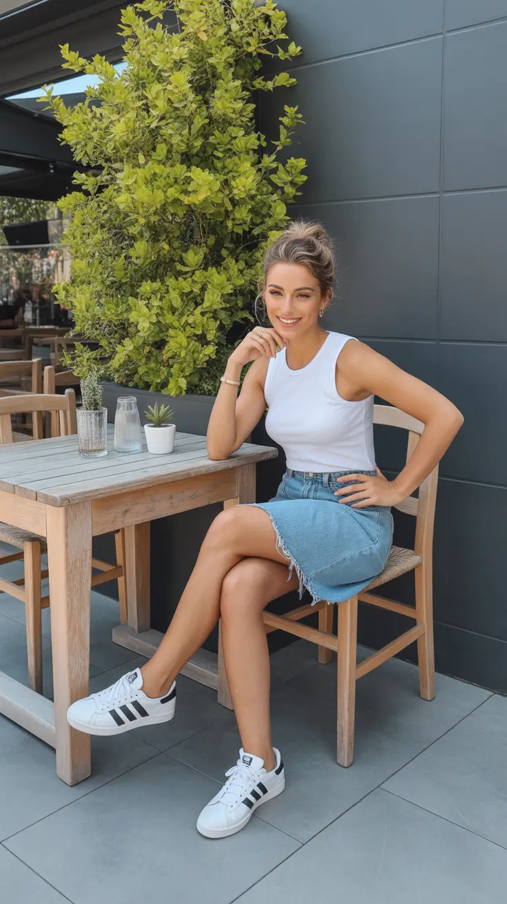 summer outfits with sneakers for women 2026 White Tank And Denim Skirt Casual Coffee Run Look