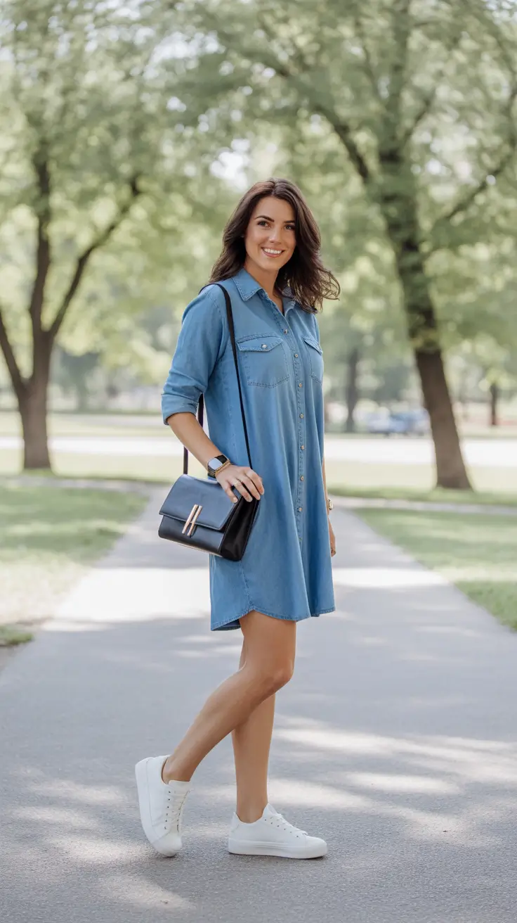 summer outfits with sneakers for women 2026 Denim Shirt Dress And Clean White Sneakers Simplicity