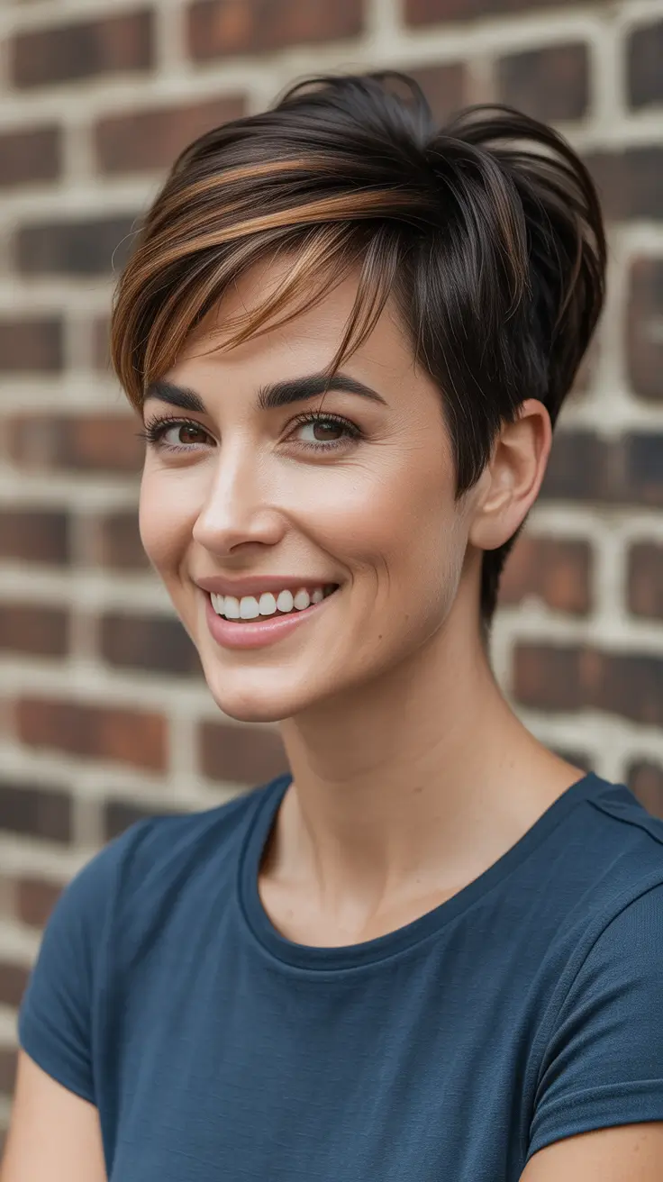 summer short haircut ideas 2026 Soft Textured Pixie With Warm Highlights