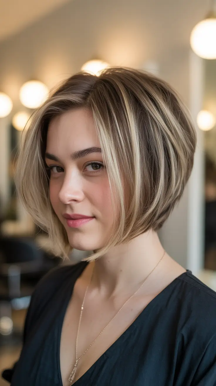summer short haircut ideas 2026 Soft Angled Bob With Dimensional Blonde Layers