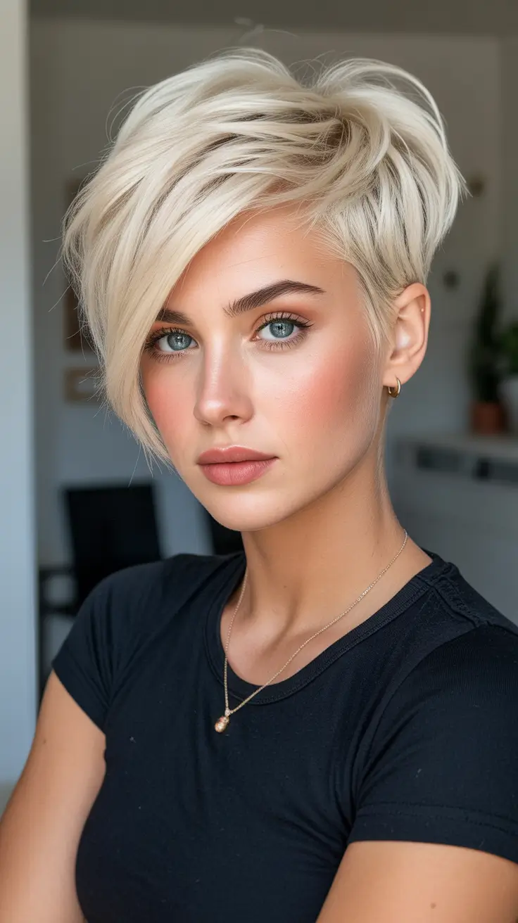 summer short haircut ideas 2026 Side Swept Platinum Pixie With Volume
