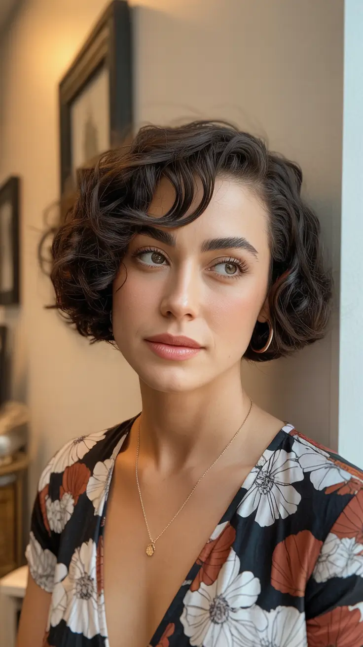 summer short haircut ideas 2026 Parisian Inspired Curly Bob With Soft Bangs