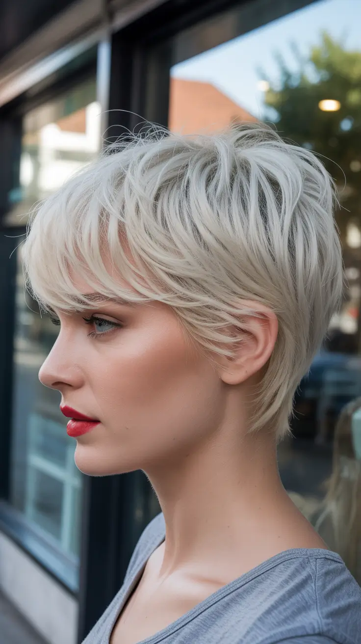 summer short haircut ideas 2026 Feathered Platinum Pixie With Airy Layers