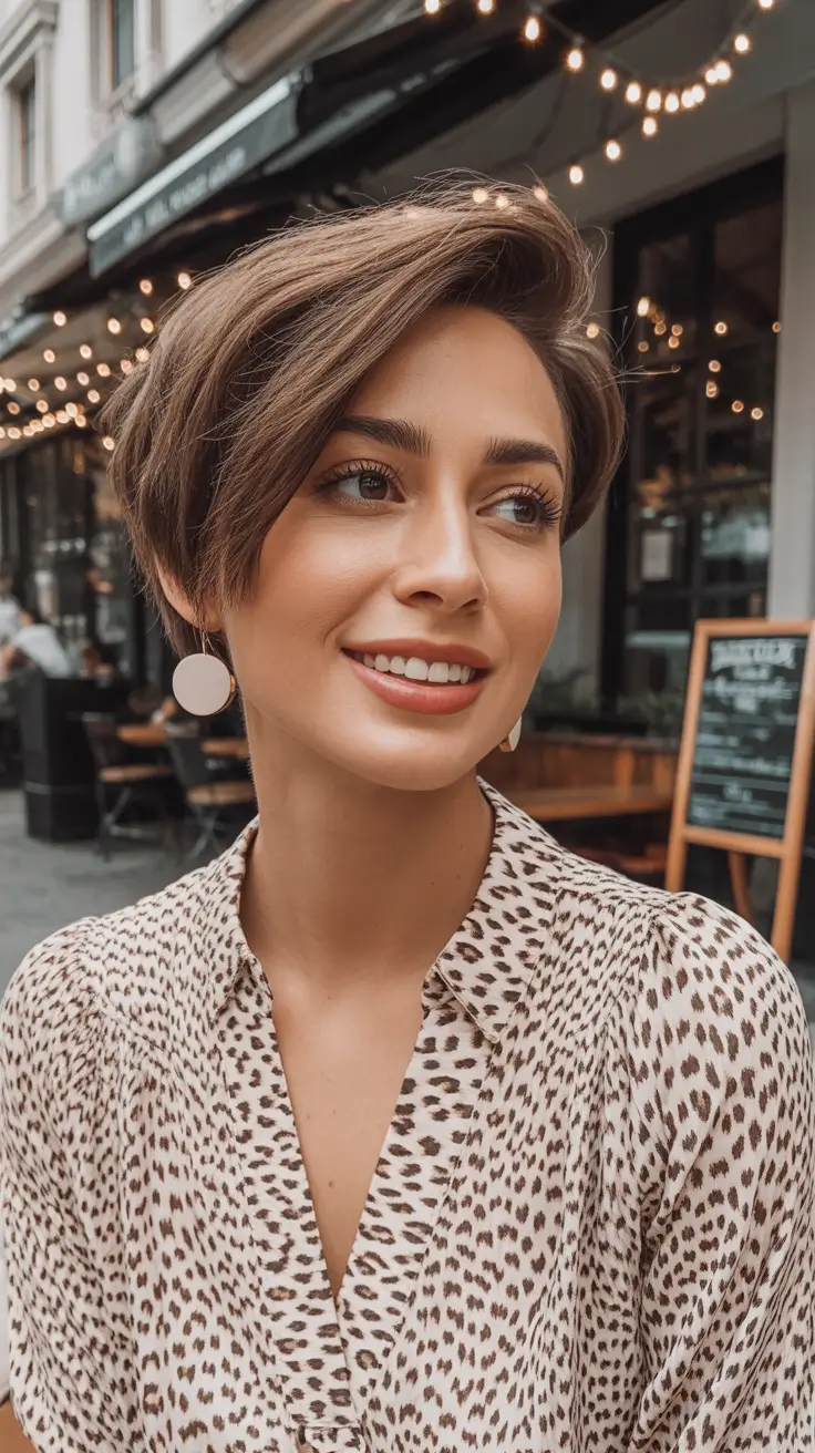 summer short haircut ideas 2026 Textured Brunette Pixie With Side Sweep Volume