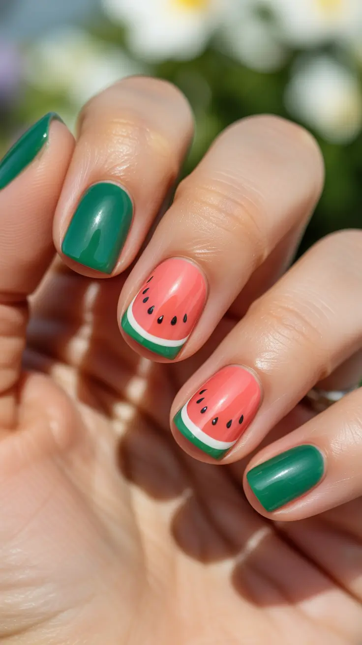 summer short nail inspo 2026 Juicy Watermelon Accent With Deep Green Gloss