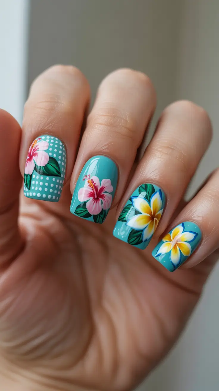 summer short nail inspo 2026 Tropical Floral Turquoise Statement Nails