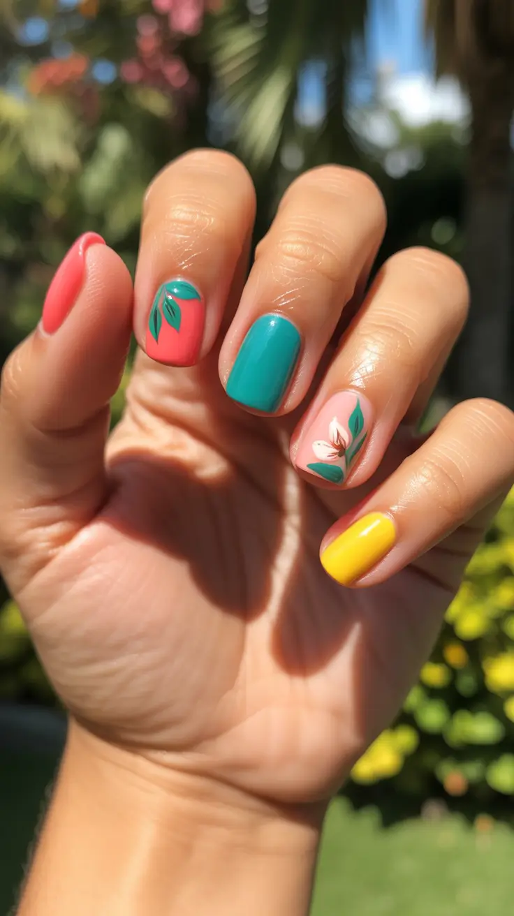 summer short nail inspo 2026 Tropical Color Mix With Floral Accent Energy