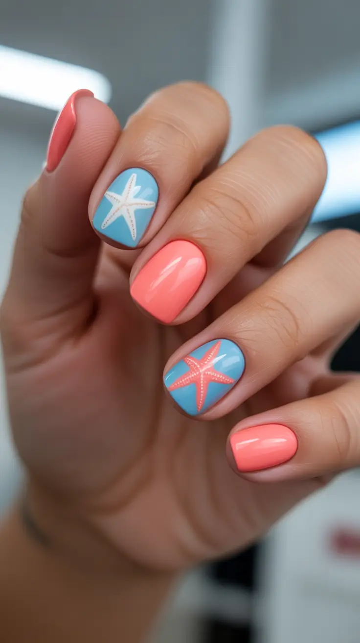 summer short nail inspo 2026 Coral And Blue Starfish Pop Design