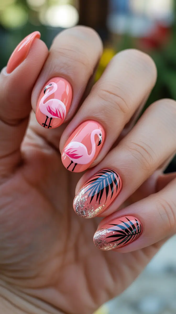 summer short nail inspo 2026 Glossy Pink Flamingo And Palm Accent