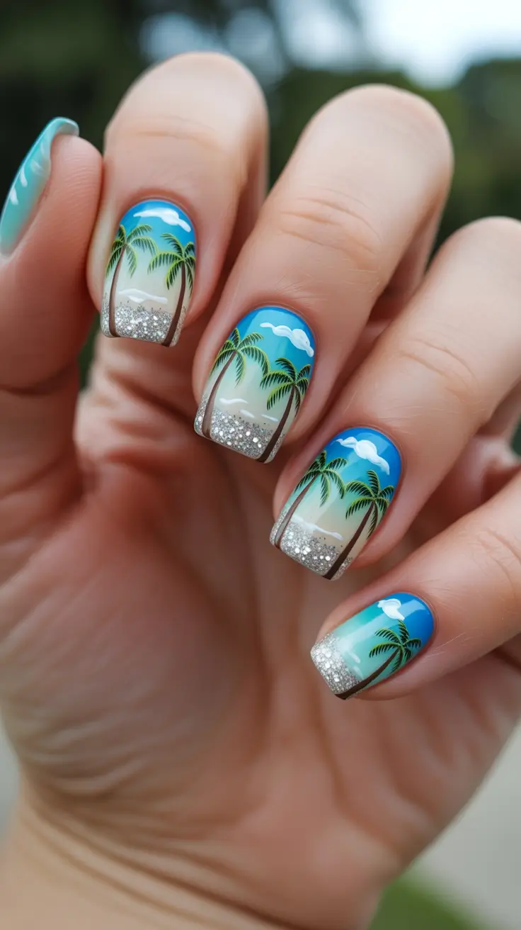 summer short nail inspo 2026 Tropical Sunset Palm Landscape With Glitter Fade