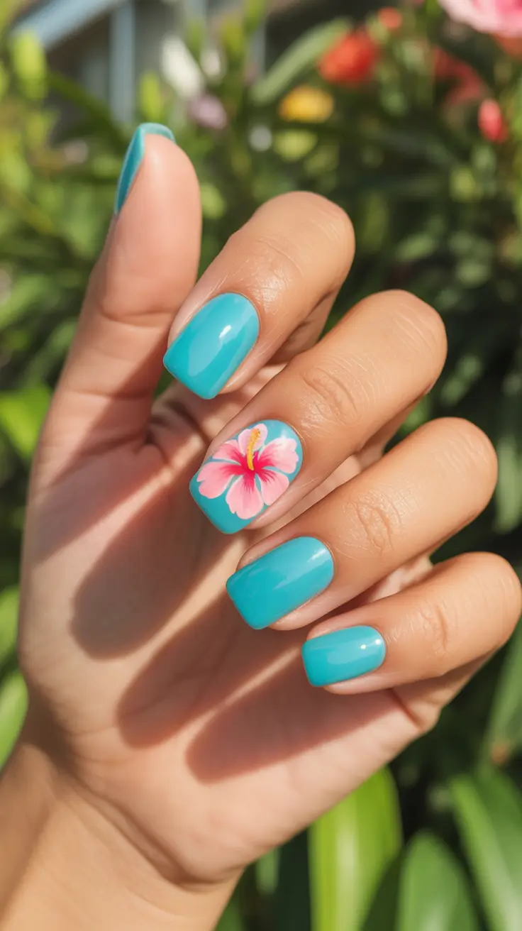 summer short nail inspo 2026 Turquoise Hibiscus Accent On Glossy Short Nails