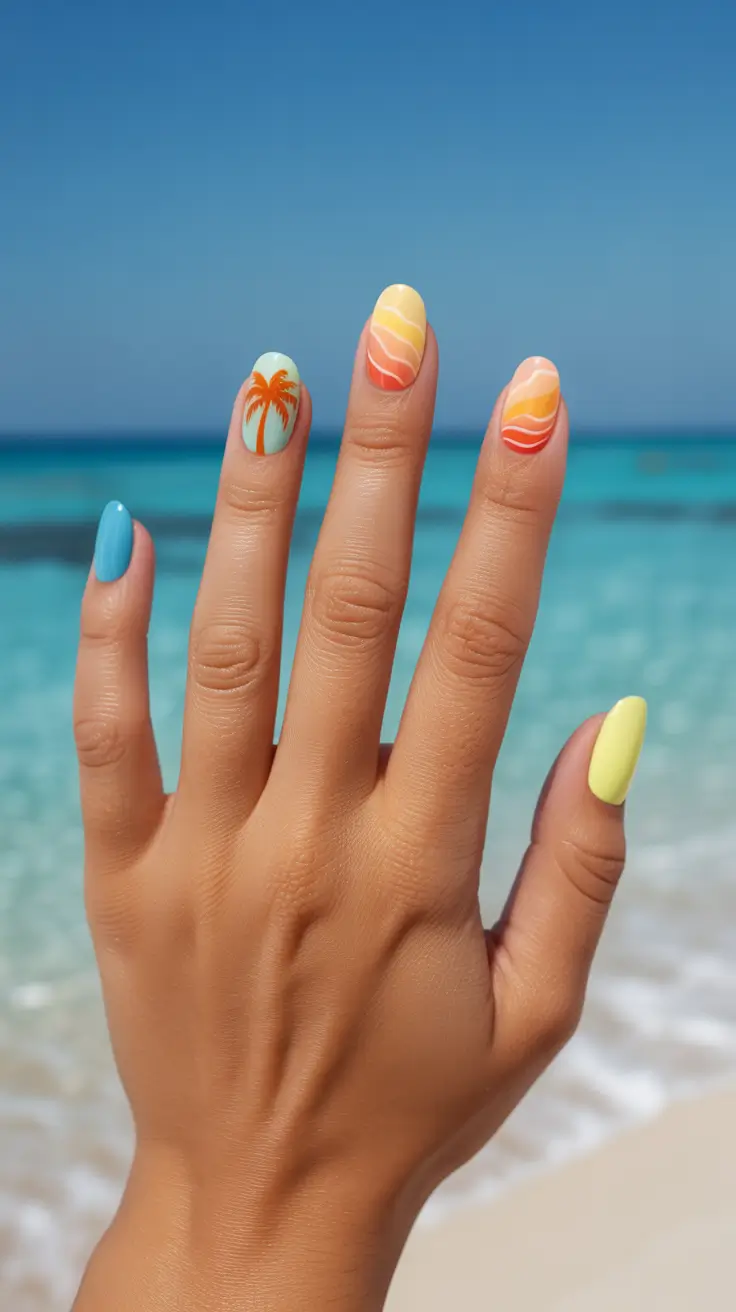 summer short nail inspo 2026 Pastel Sunset Mix With Palm And Wave Details