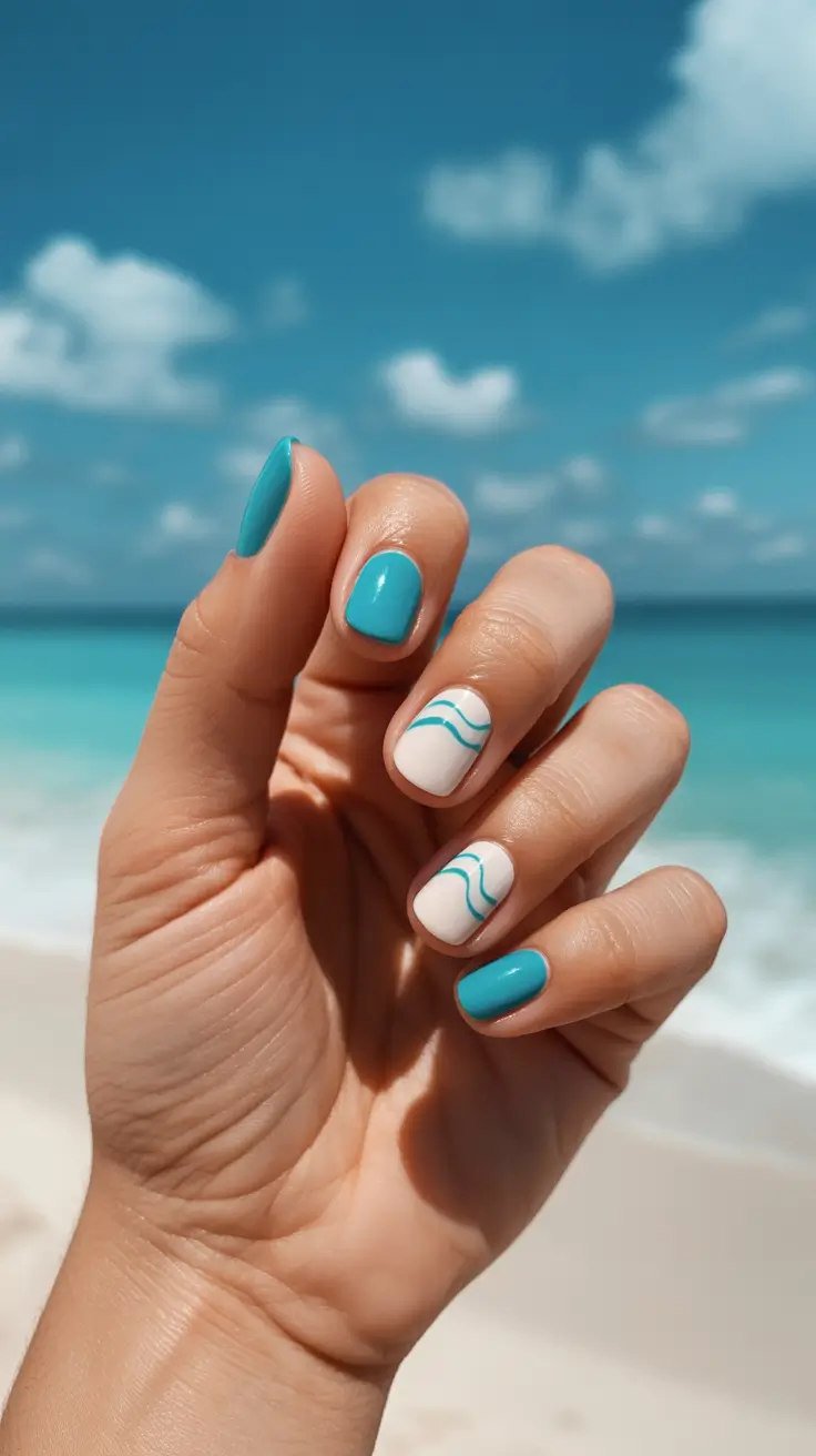 summer short nail inspo 2026 Minimal White And Teal Wave Short Nail Design
