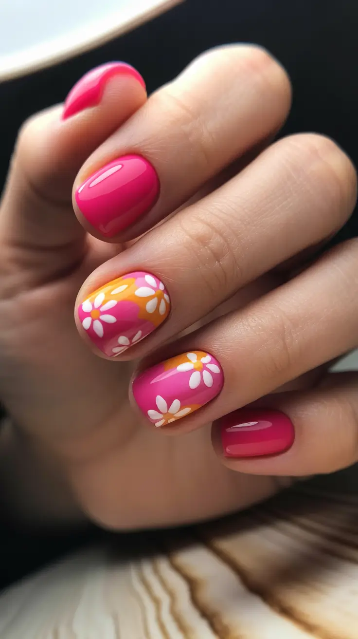 summer short nail inspo 2026 Hot Pink Daisy Pop With Retro Energy