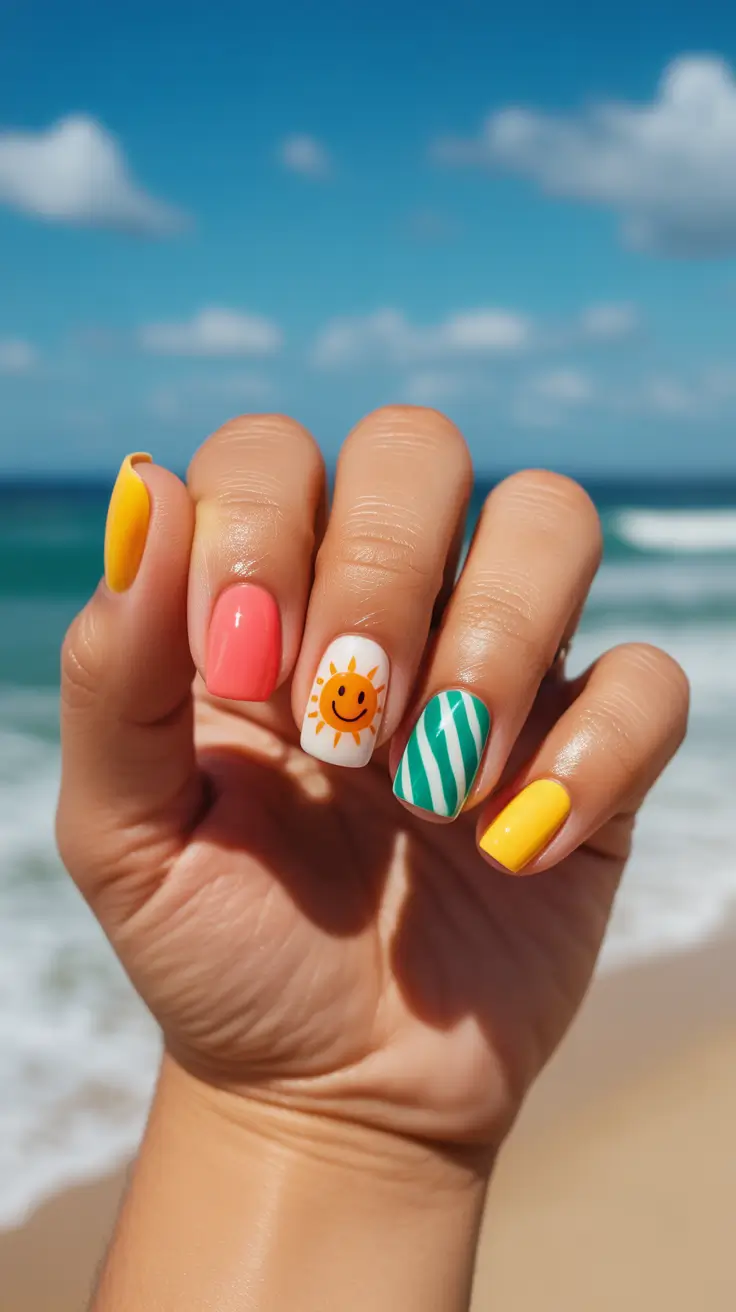 summer short nail inspo 2026 Colorful Summer Mix With Smiley And Stripe Accents