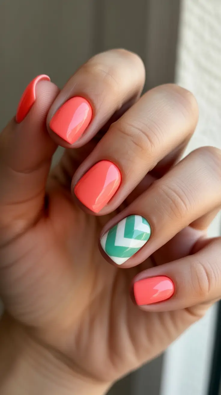 summer short nail inspo 2026 Coral Gloss Nails With Geometric Mint Accent