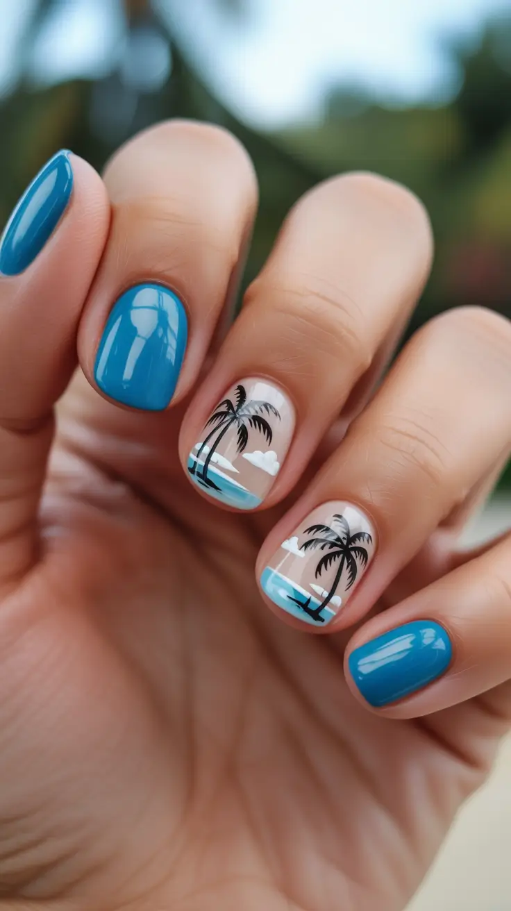 summer short nail inspo 2026 Soft Blue Tropical Silhouettes