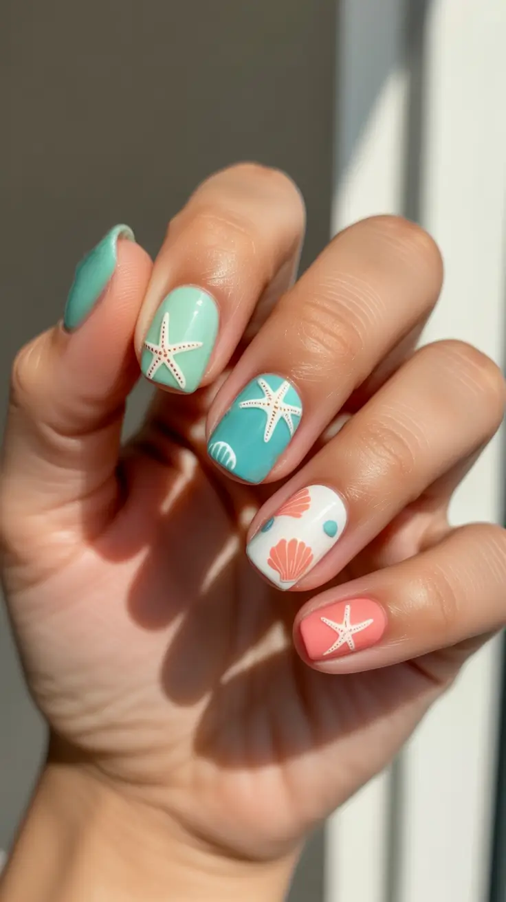 summer short nail inspo 2026 Pastel Starfish And Seashell Mix