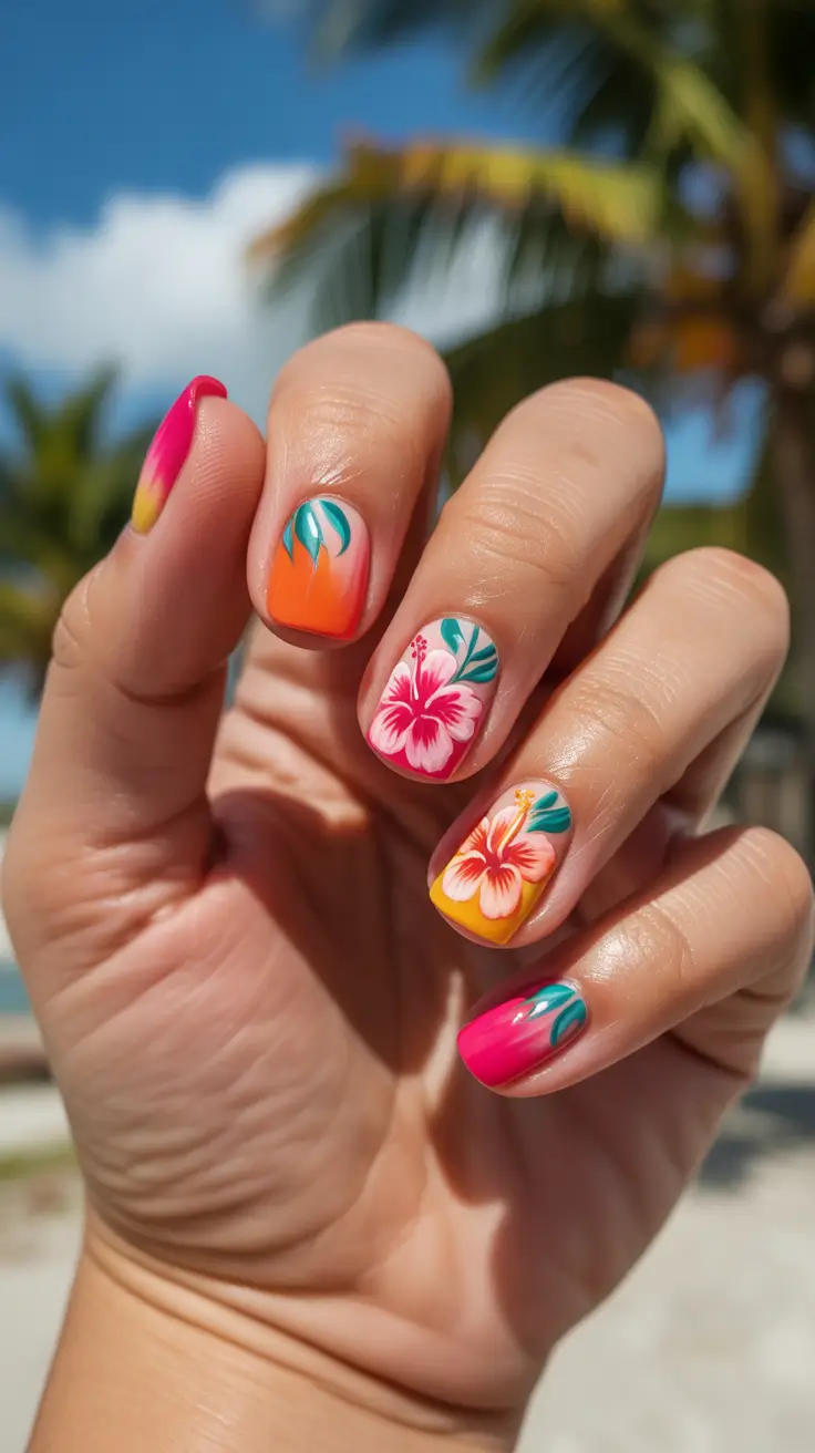 summer short nail inspo 2026 Tropical Sunset Flower Nails With Glossy Finish