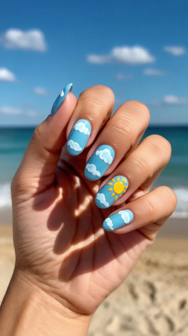summer short nail inspo 2026 Sky Blue Clouds And Sun Playful Nails