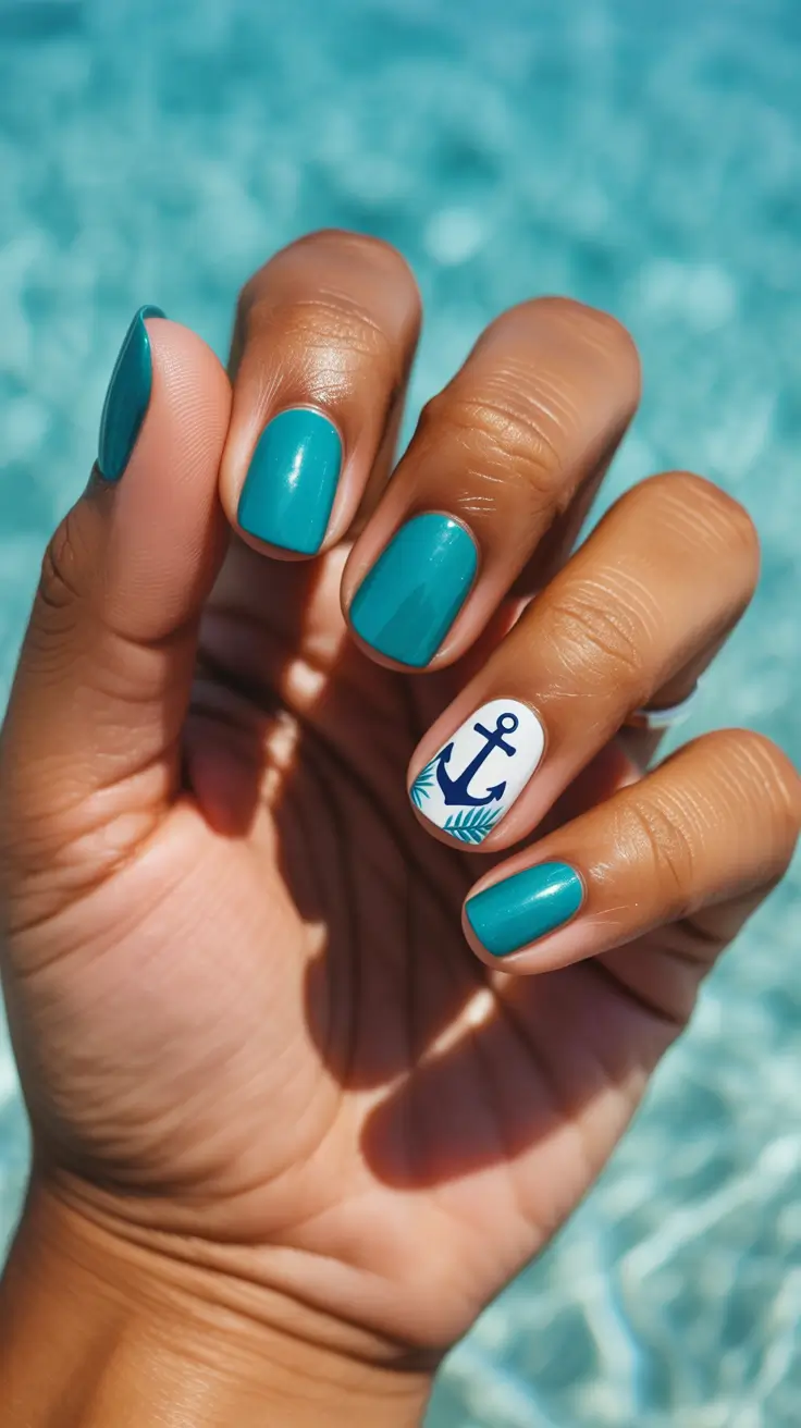 summer short nail inspo 2026 Teal Ocean Anchor Accent Short Nails
