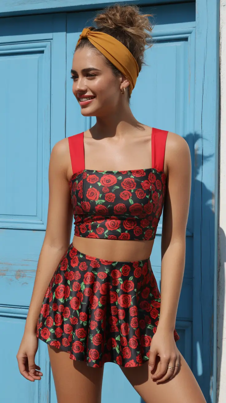 summer swimwear for women 2026 Rose Print Two Piece With Playful Vintage Energy