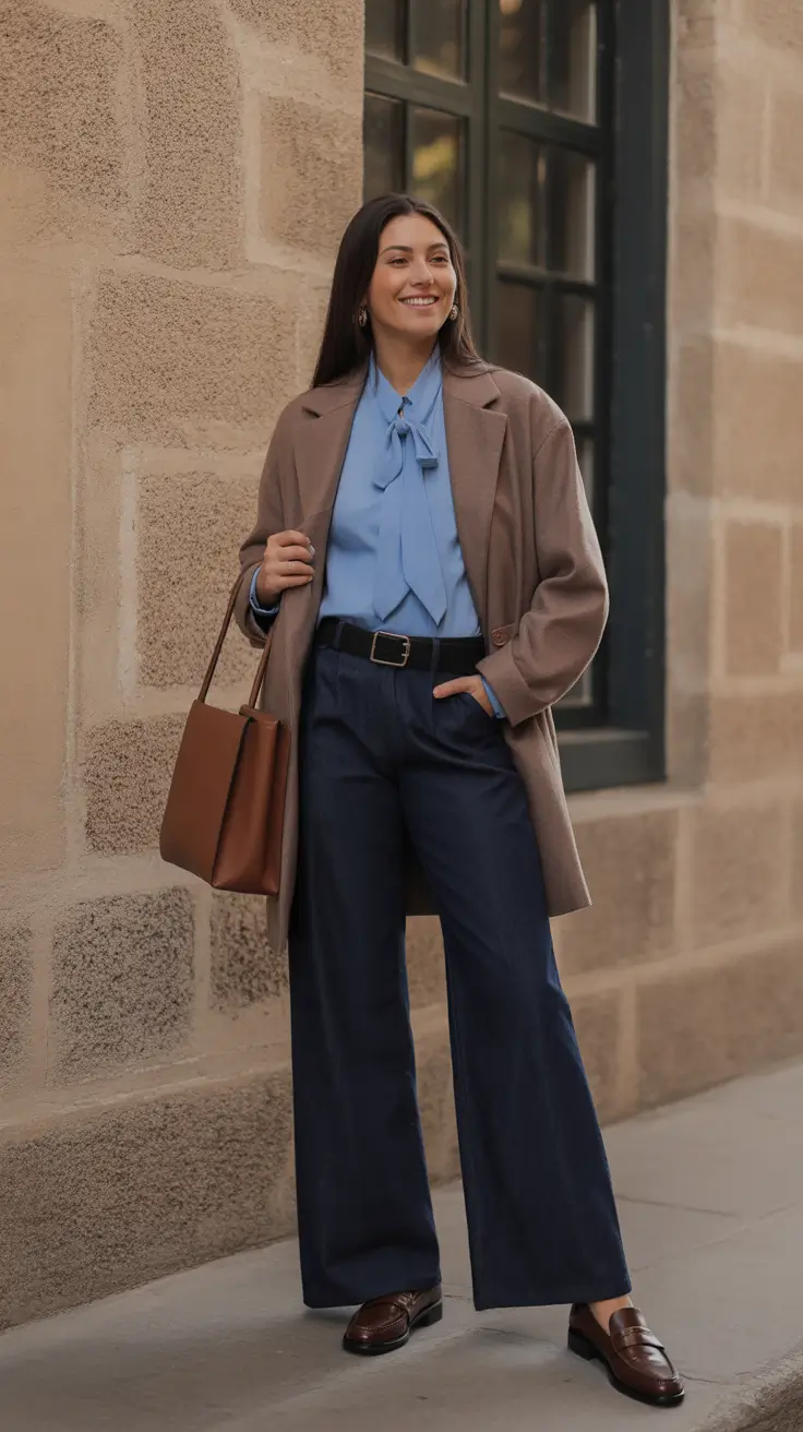 cozy winter to spring outfits 2026 Tailored Coat And Blouse For Polished Everyday Style