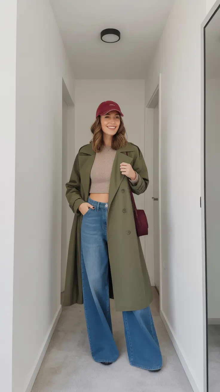 cozy winter to spring outfits 2026 Long Trench Coat With Wide Leg Denim Street Style
