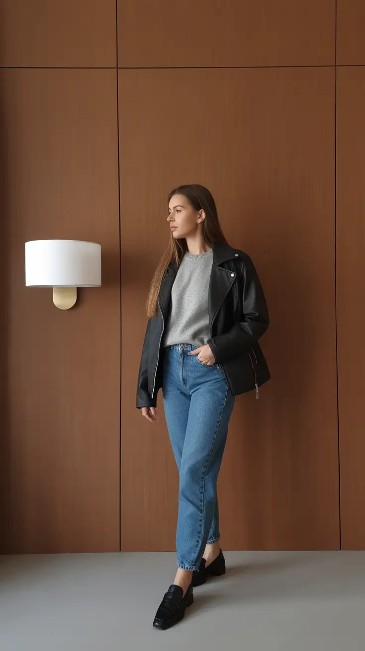 cozy winter to spring outfits 2026 Minimal Leather Jacket With Everyday Denim Look