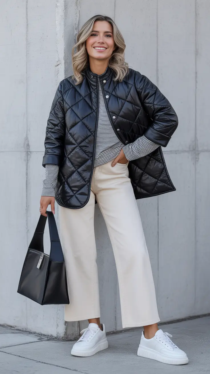 cozy winter to spring outfits 2026 Light Quilted Jacket With Fresh Spring Layers