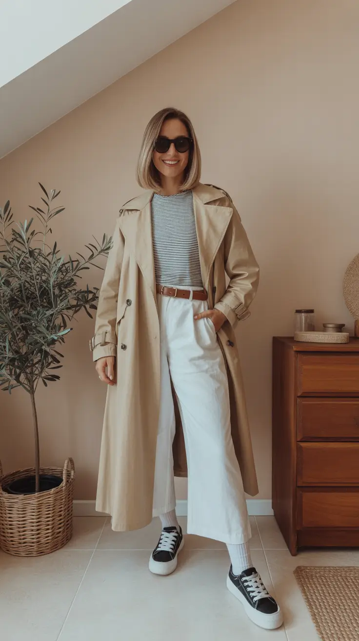 cozy winter to spring outfits 2026 Light Trench And Relaxed Sneakers For A Casual Spring Shift
