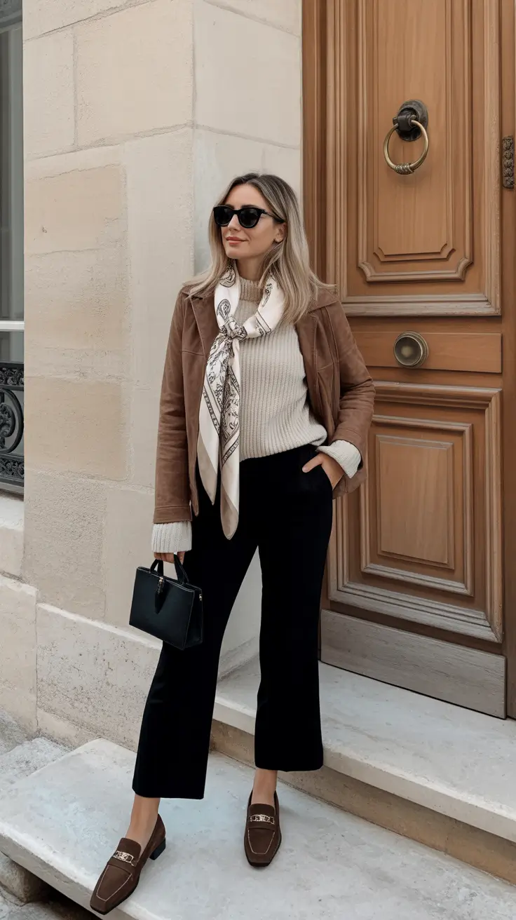 cozy winter to spring outfits 2026 Parisian Inspired Scarf And Suede Layering