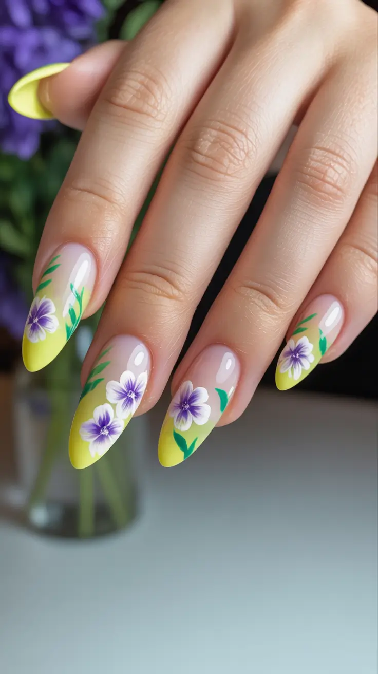 modern yellow spring nails for spring 2026 Soft Lemon Almond Florals
