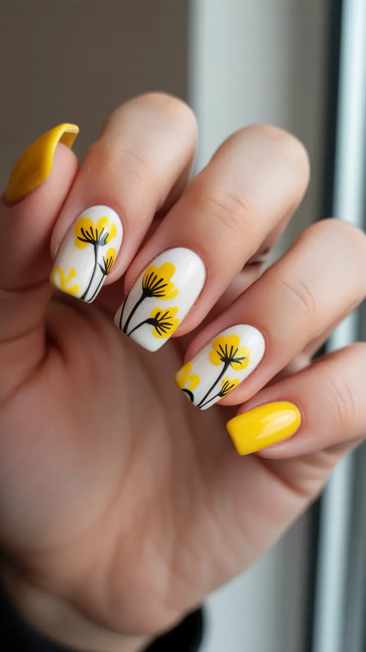 modern yellow spring nails for spring 2026 Spring Meadow Botanical Lines