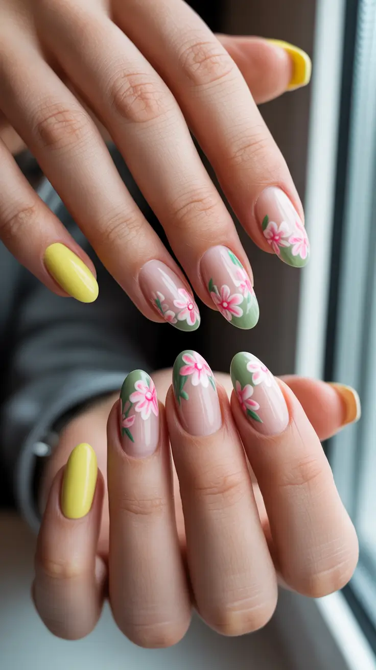 modern yellow spring nails for spring 2026 Soft Green Florals With Yellow Accents