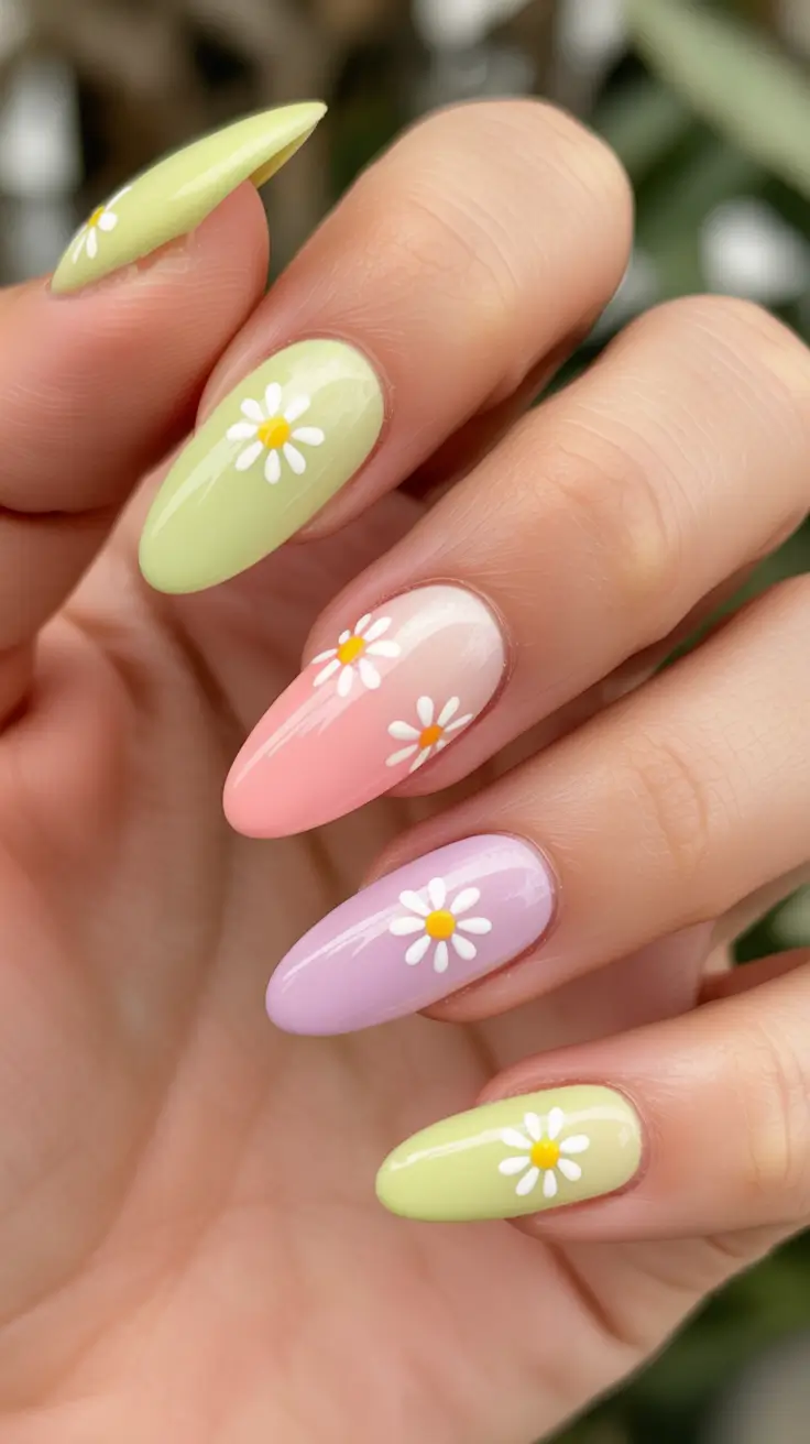 modern yellow spring nails for spring 2026 Pastel Rainbow Blossoms