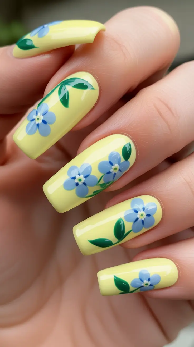 modern yellow spring nails for spring 2026 Blue Blossoms On Lemon Yellow