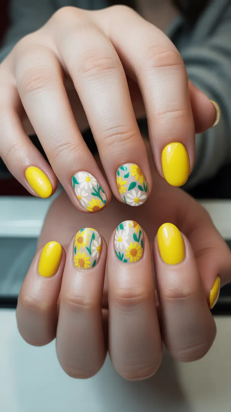 modern yellow spring nails for spring 2026 Floral Meadow Mix And Match