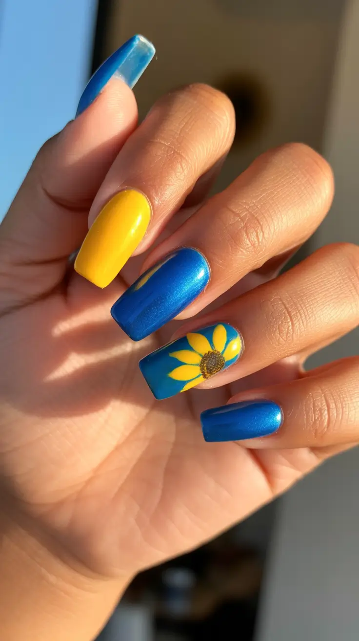 modern yellow spring nails for spring 2026 Blue-Sky Sunflower Duo