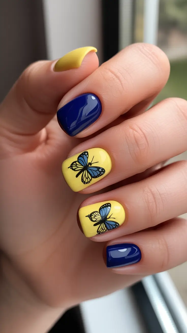 modern yellow spring nails for spring 2026 Blue And Yellow Butterfly Shorties