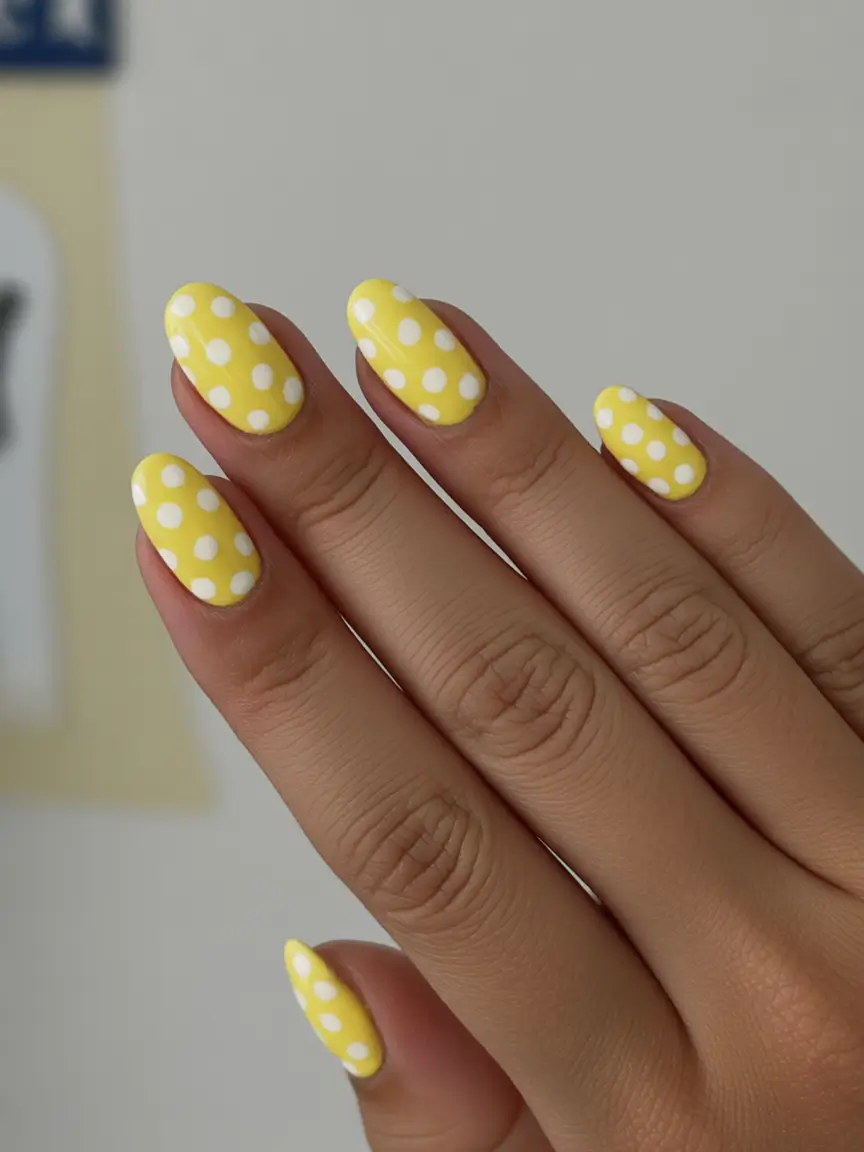 modern yellow spring nails for spring 2026 Retro Polka Dot Cheer