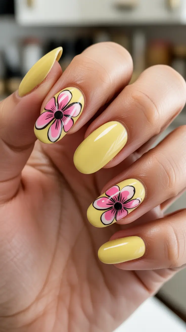 modern yellow spring nails for spring 2026 Playful Pink Petal Accents