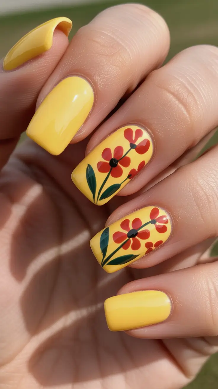 modern yellow spring nails for spring 2026 Sunny Red Flower Squares